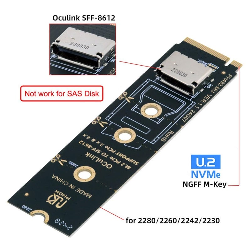 Chenyang Oculink SFF-8612 to PCI-E 4.0 NVME M.2 M-Key Host Adapter Support 2230/2242/2260/2280 for U.2 SSD & eGPU - Image 2